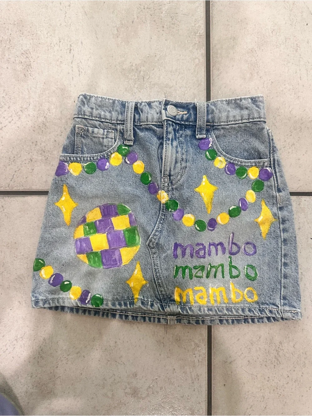 Hand-Painted Denim Skirt with Mardi Gras Motif Mardi Gras Mambo Kids